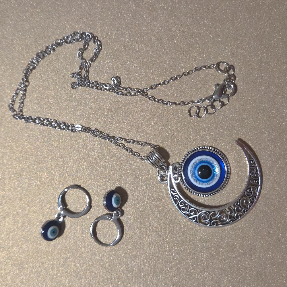 Evil Eye Set Crescent Necklace Earings Set